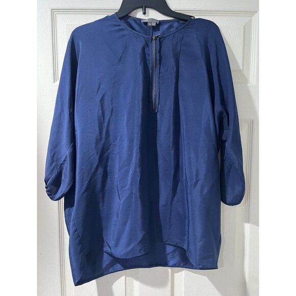 Vince Tunic Top Womens Medium 100% Silk Blue Zipper 3/4 Dolman Sleeve Flowy - Picture 1 of 11